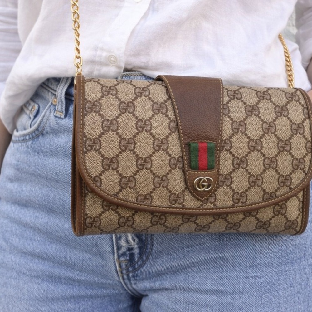 Gucci GG Supreme Web Stripe Clutch Wallet Crossbody Brown Vintage - Picture 4 of 15